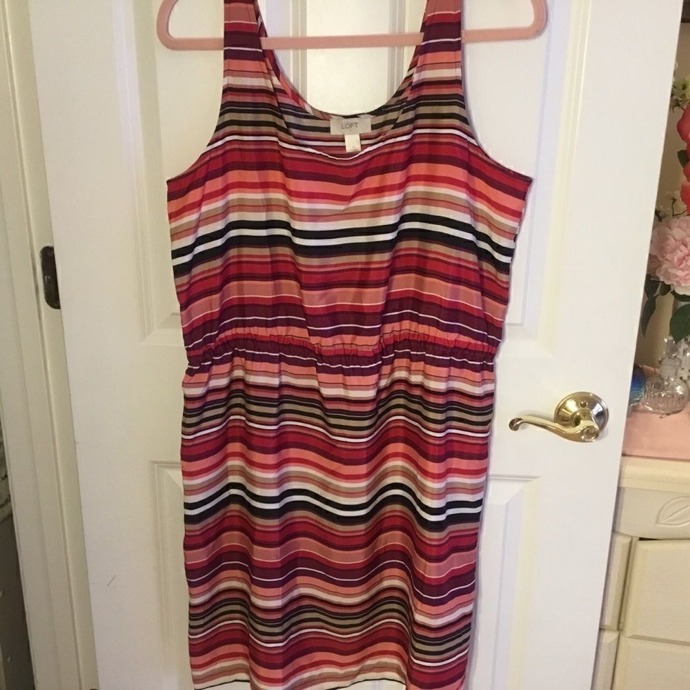 NWOT Loft Brand Women’s Striped Dress Sz. 14 in Reds, Pinks, Black